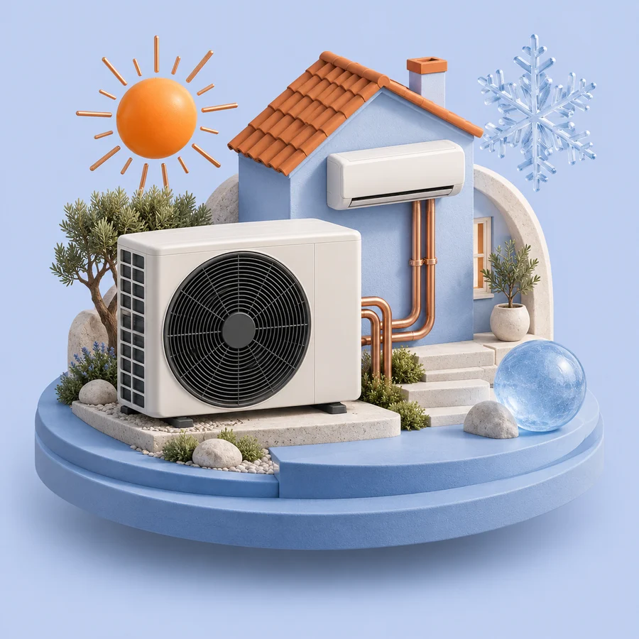 Modri miniaturni svet s toplotno črpalko, klimatsko napravo in hišo.