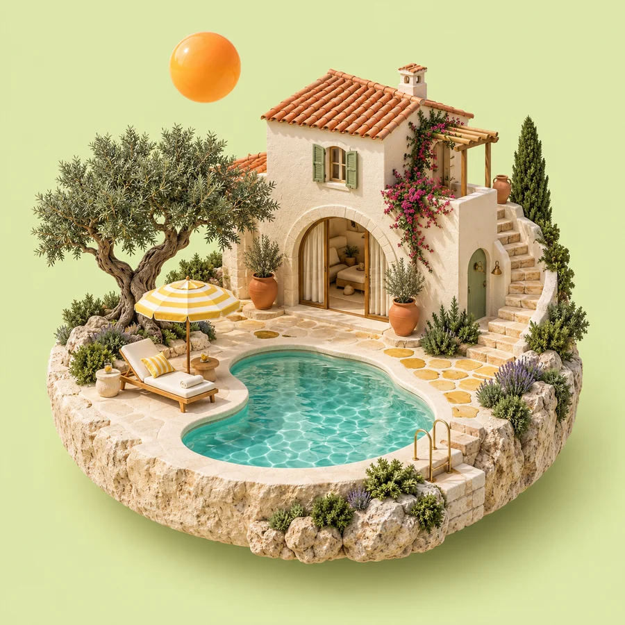 Miniaturna mediteranska vila z bazenom, oljko in lebdečim soncem.